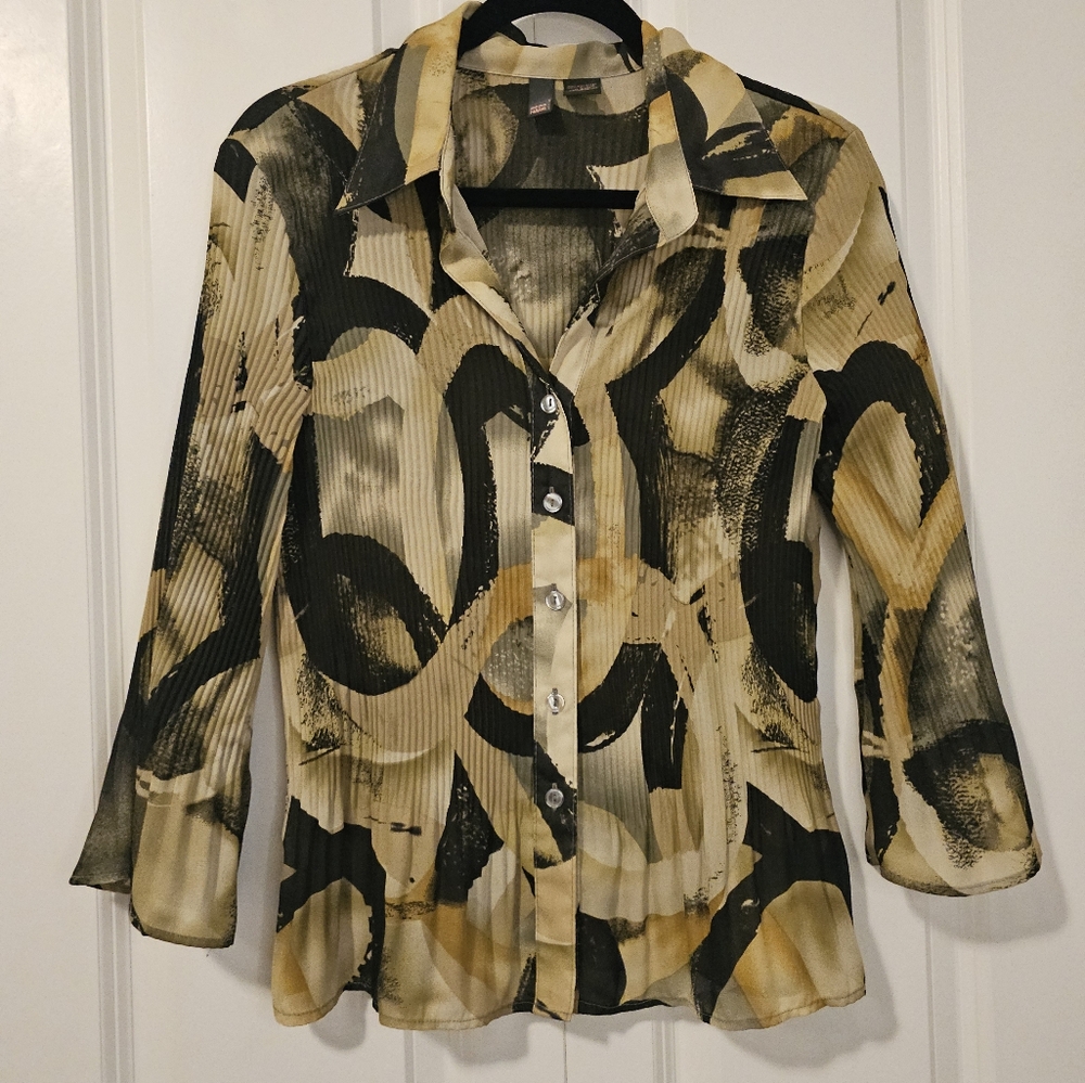 SERE NADE NEW YORK Womens Abstract Pleated Button-Up Blouse Semi Sheer SZ L